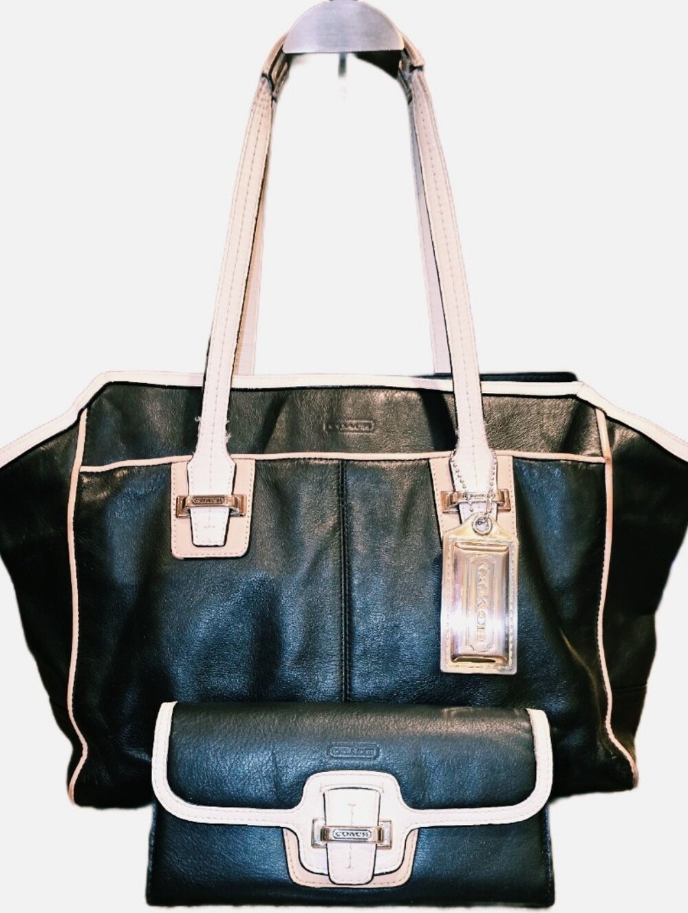 Coach Y2K Soho F26132 Black&Cream Leather Tote W/Matching Wallet Set